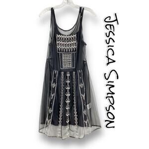 Jessica Simpson Beaded Overlay Gray Cocktail Dress Sheer Womens Size Small